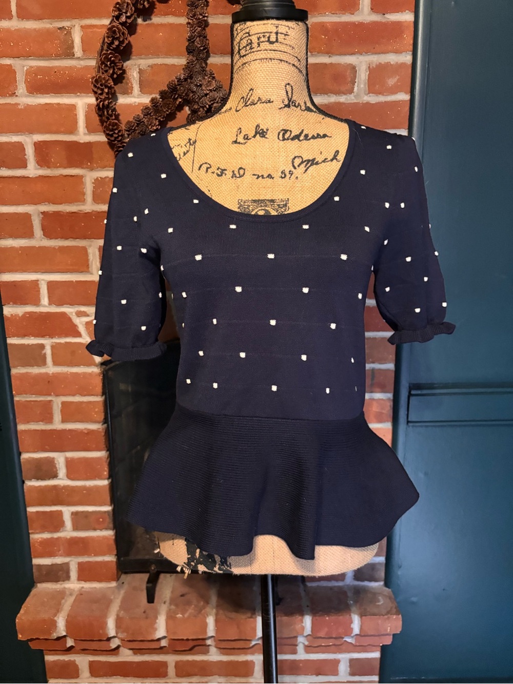 Love Scarlet Navy Peplum Knit Top with Dot Texture, ruffled bottom Med